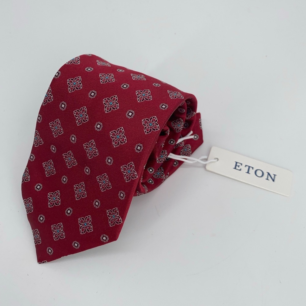 Eton Tie Mens One Size Red White Floral Silk Classic Fit Necktie Italy Made NWT